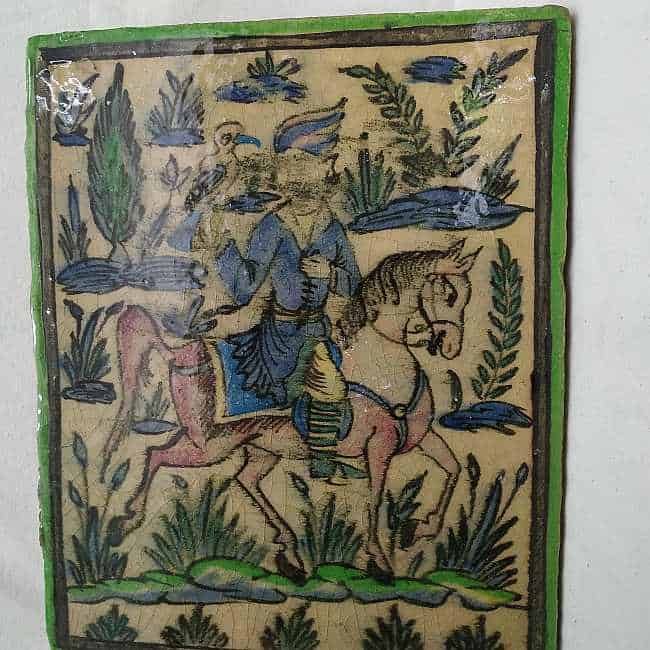 Glazed Ceramic Tile Vintage Horseman Training Falcon Competition. Handmade glazed ceramic tile vintage made in Persia end of 19th century.