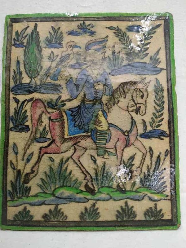 Glazed Ceramic Tile Vintage Horseman Training Falcon Competition. Handmade glazed ceramic tile vintage made in Persia end of 19th century.