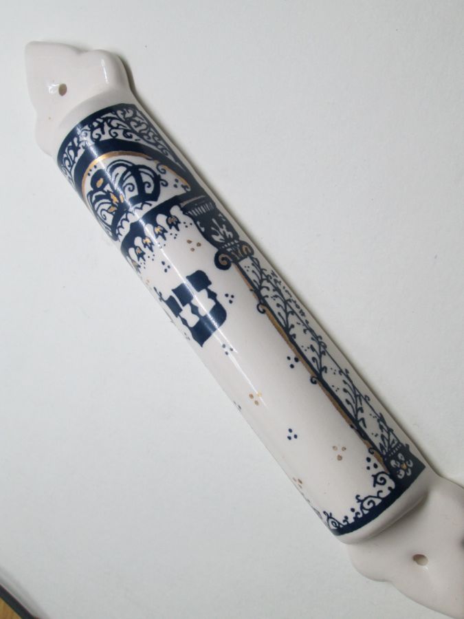 Handmade Mezuzah glazed ceramic Horwitz made by Horwitz with shrine front curtain. Suitable for parchment up to 10 cm length.