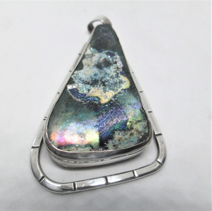 Silver Pendant Roman Glass Triangle shape. Handmade sterling silver pendant set with genuine Roman glass triangle shape. Can be used as a pin as well.