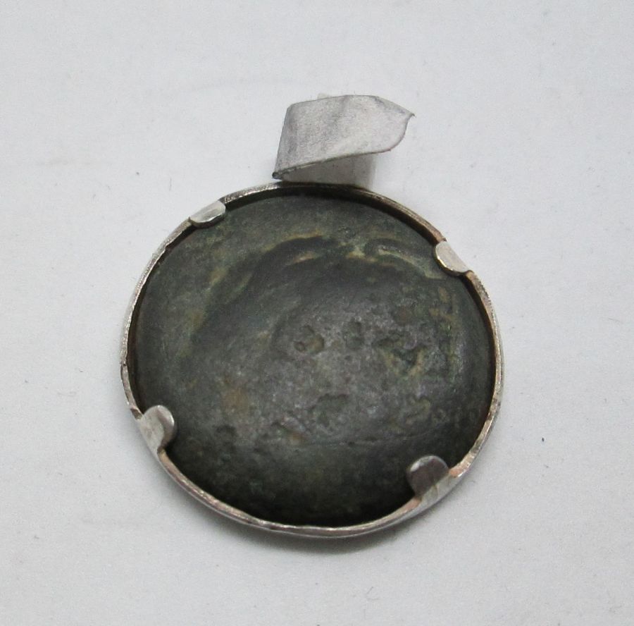 Silver Pendant Roman Eagle on antique coin. Sterling silver pendant round shape set with genuine antique bronze Roman coin from the 1st century BC.