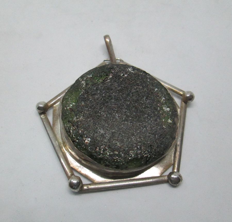 Roman Glass Silver Pendant Pentagon shape. Handmade sterling silver Hamsa pendant set with genuine Roman glass that was a base of an antique broken vase.