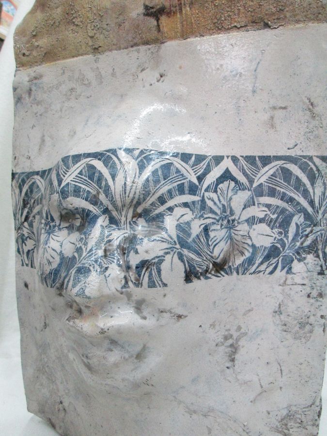 Handmade glazed Roku Ceramic Sculptured Face mask with flowers by S. Factor. Dimension 35 cm X 25.8 cm X 13 cm approximately.