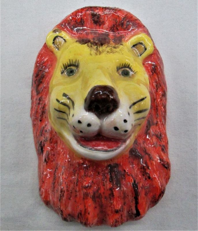 Ceramic Lion Head Mask handmade. Handmade glazed Ceramic Lion Head Mask to hang made by T. Labok . Dimension 17 cm X 10.9 cm X 9 cm.