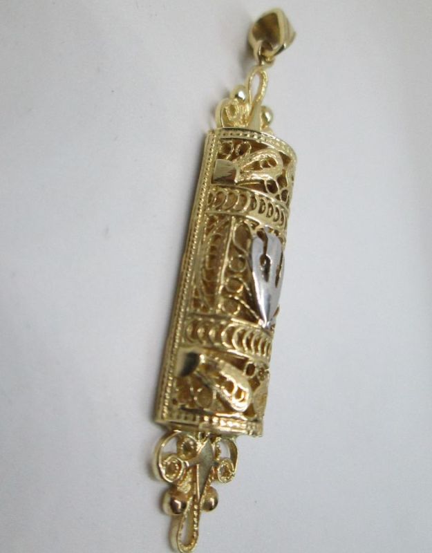 Handmade white and yellow 14 carat gold huge Mezuzah pendant filigree Yemenite. Dimension 1.1 cm X 4.7 cm approximately.