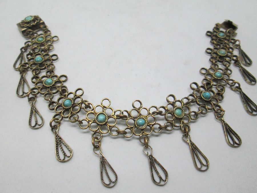 Vintage handmade sterling silver gold plated Yemenite filigree bracelet vintage silver dangling set with genuine Turquoises stones.