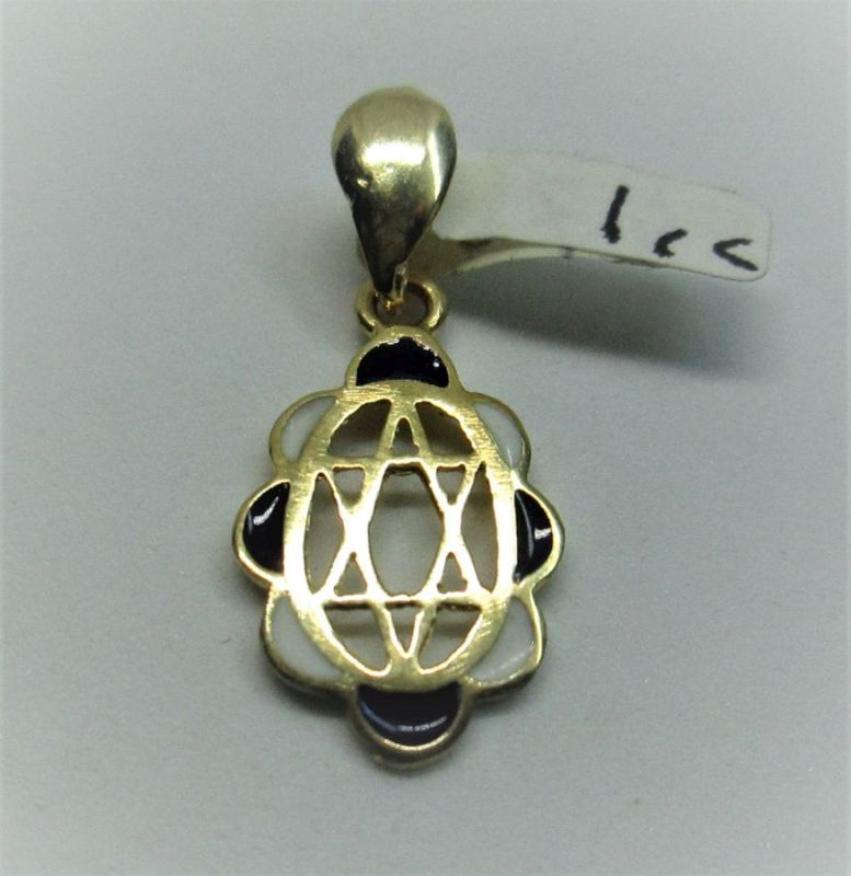 Handmade 14 carat yellow gold oval shape Magen David star pendant enameled blue white colors of Israel flag 1.2 cm X 1.8 cm X 0.1 cm.