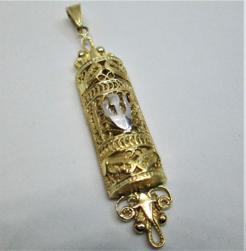 Handmade white and yellow 14 carat gold huge Mezuzah pendant filigree Yemenite. Dimension 1.1 cm X 4.7 cm approximately.