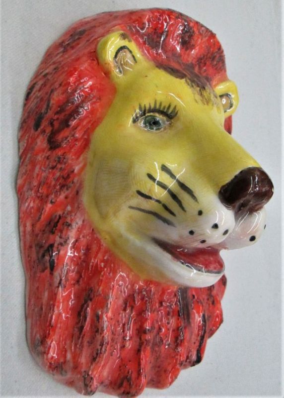 Ceramic Lion Head Mask handmade. Handmade glazed Ceramic Lion Head Mask to hang made by T. Labok . Dimension 17 cm X 10.9 cm X 9 cm.