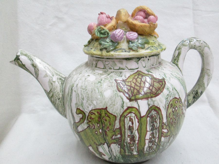 Handmade glazed ceramic tea pot lions illustrated with the lions of Judah & the 10 commandments. The cover has fruit & bread baskets made E. Ghatan