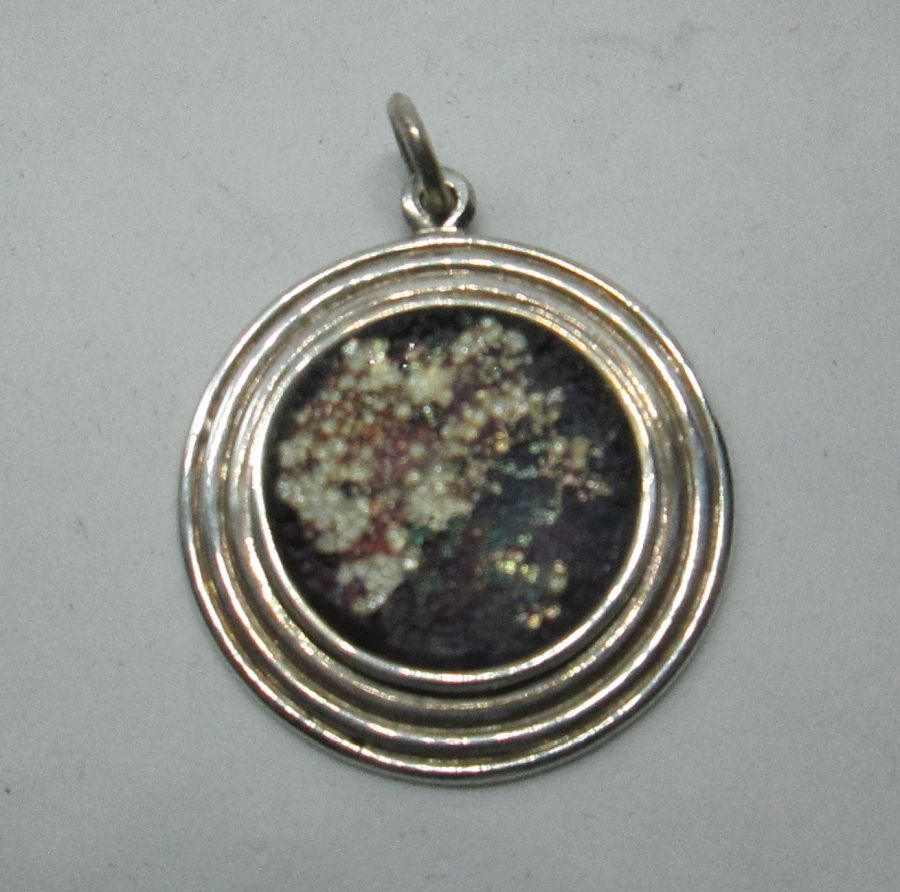 Round Roman Glass Pendant handmade. Handmade sterling silver pendant set with genuine Roman glass violet color contemporary style.