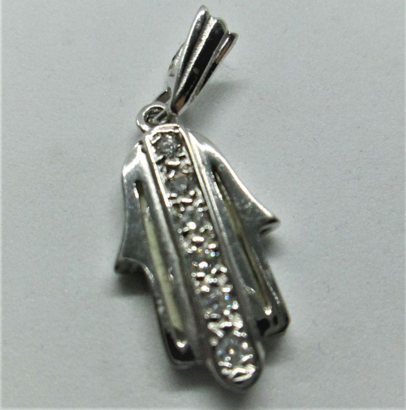 Handmade medium size 14 carat white gold Hamsa pendant 6 Zirconia set with 6 White Zirconia stones. Dimension 1.2 cm X 1.9 cm X 0.27.