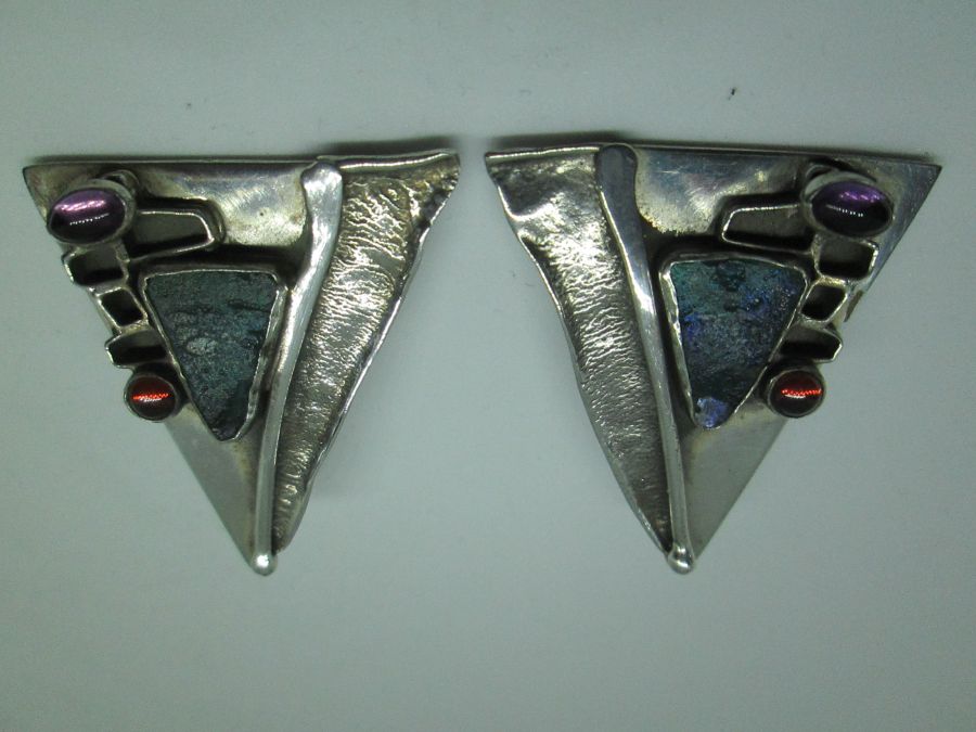 Handmade sterling silver earrings triangle shape contemporary design made by Y. Perez set with genuine Roman glass & garnet & Amethyst stones.