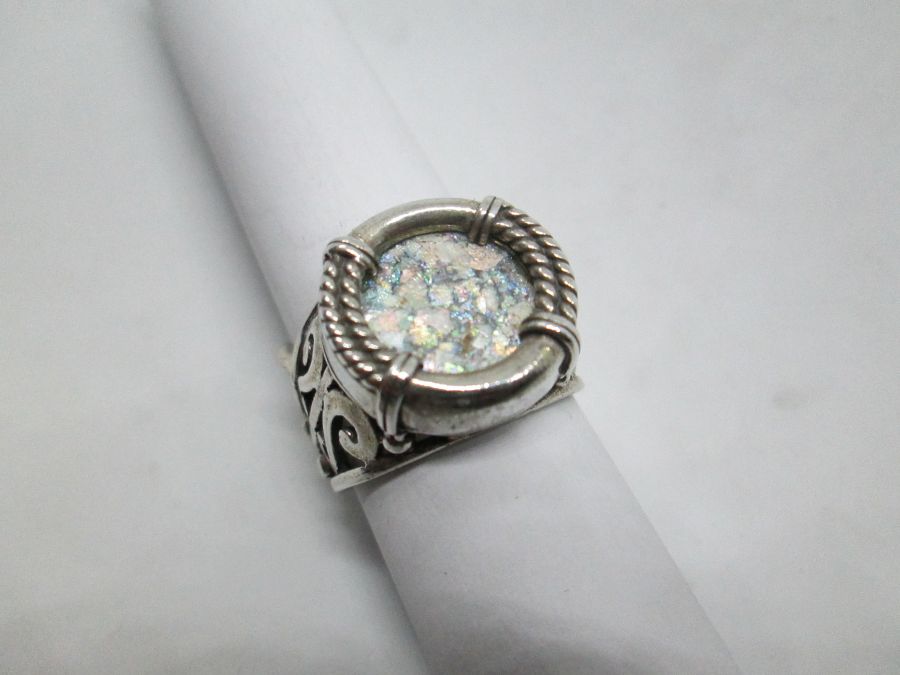 Handmade classic cut out style sterling silver ring antique Roman glass set with a genuine antique Roman glass found in the holyland Israel.