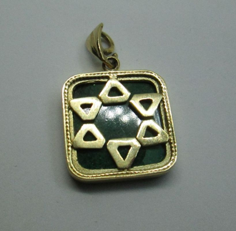 Handmade 14 carat gold Magen David star pendant Elat stone square set with green Elat stone. Dimension 1.7 cm X 1.7 cm X 0.4 cm approximately.