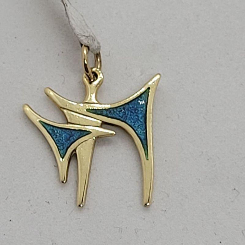 Handmade abstract design blue enameled gold Hay pendant contemporary design. Dimension 1.3 cm X 1.75 X 0.08 cm approximately.