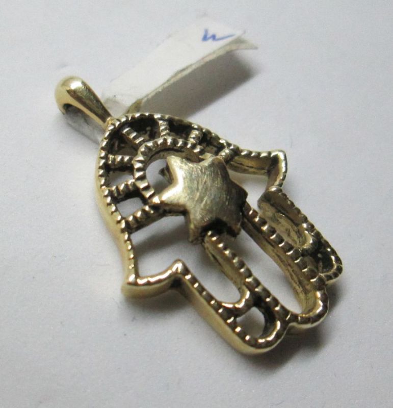 Handmade 14 carat gold Hamsa pendant MagenDavid with star of David in center heavy gold pendant. Dimension 1.8 cm X 2.2 cm X 0.42.