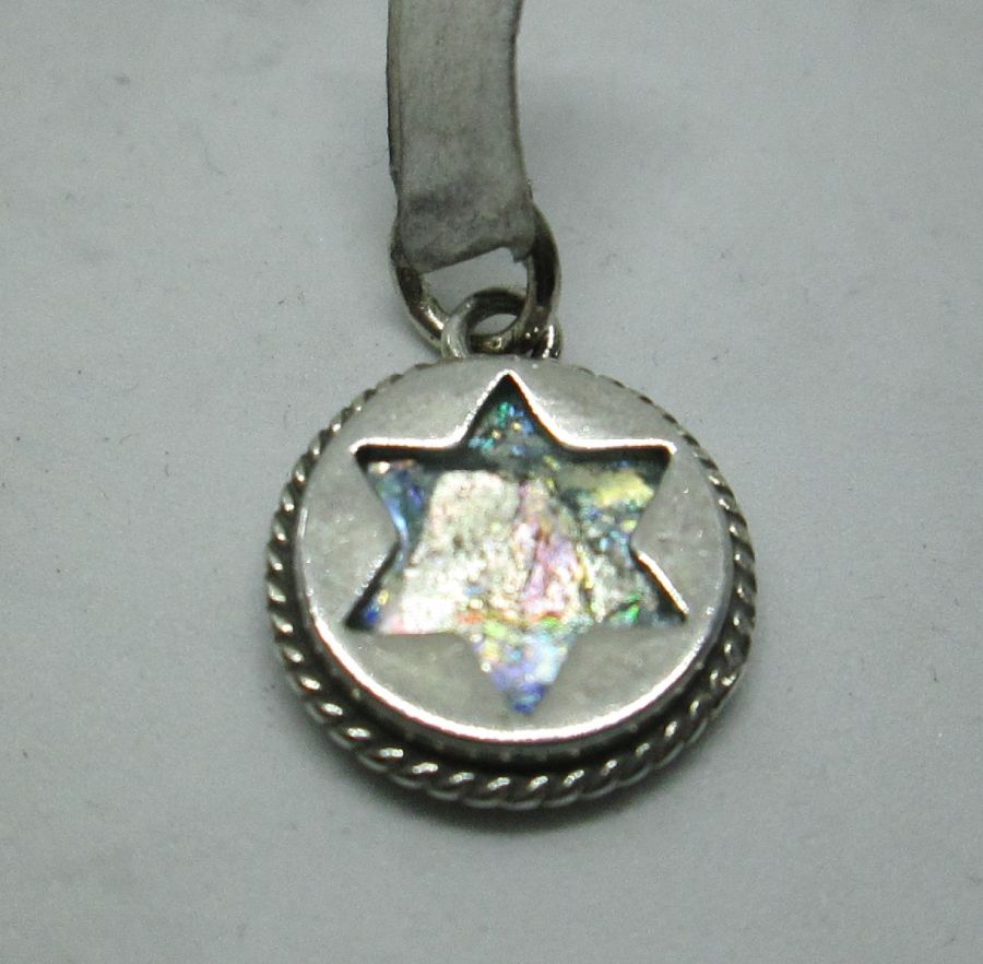 Handmade sterling silver Roman glass David star pendant set with genuine Roman glass & star of David shape. Dimension diameter 1.3 cm approximately.