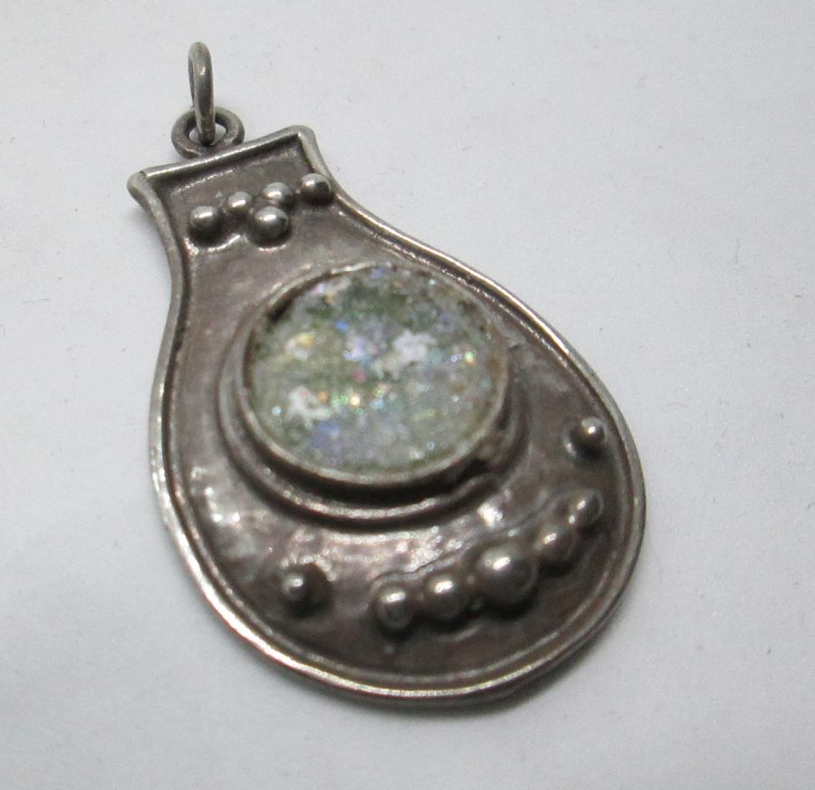 Handmade sterling silver pendant Roman glass pendant set with genuine Roman glass contemporary style. Dimension 2.2 cm X 3.1 cm approximately.