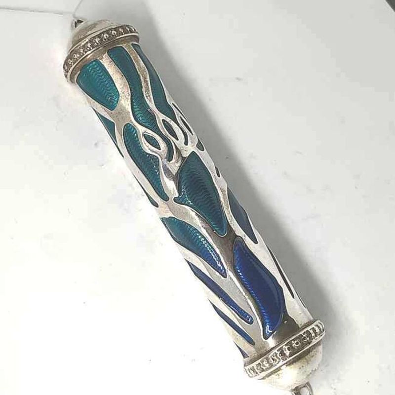 Sterling silver Front Door Mezuzah Silver enameled suitable for parchment up to 12 cm .Dimension 2.6 cm X 14 cm approximately.