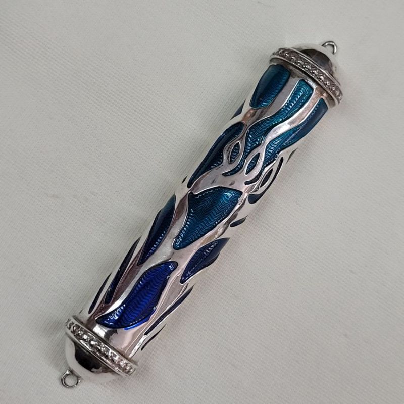 Sterling silver Front Door Mezuzah Silver enameled suitable for parchment up to 12 cm .Dimension 2.6 cm X 14 cm approximately.