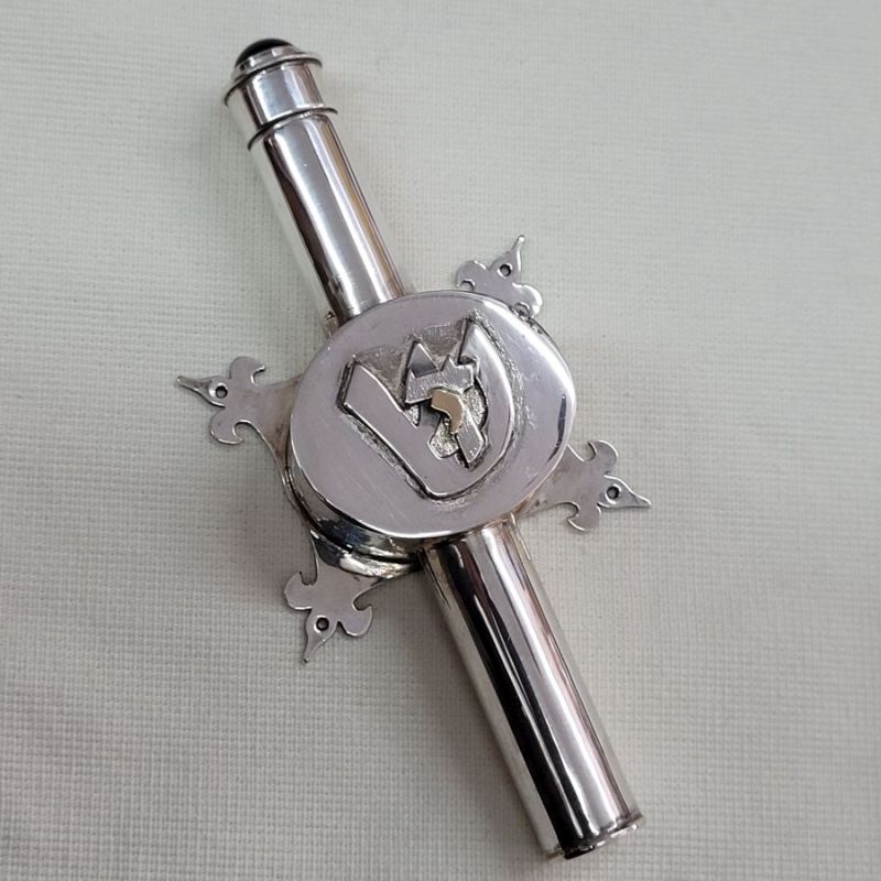 Handmade Mezuzah Sterling Silver Gold 14 carat and set with Garnet stone. The letter " י" is 14 carat gold. Suitable for outdoor.