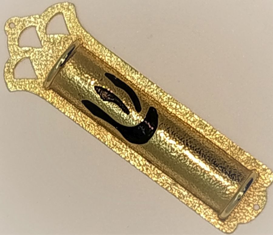 Handmade Mezuzah brass gold plated enameled Shin. Suitable for parchment up to 6.5 cm. Dimension 3.5 X 10.6 cm approximately.