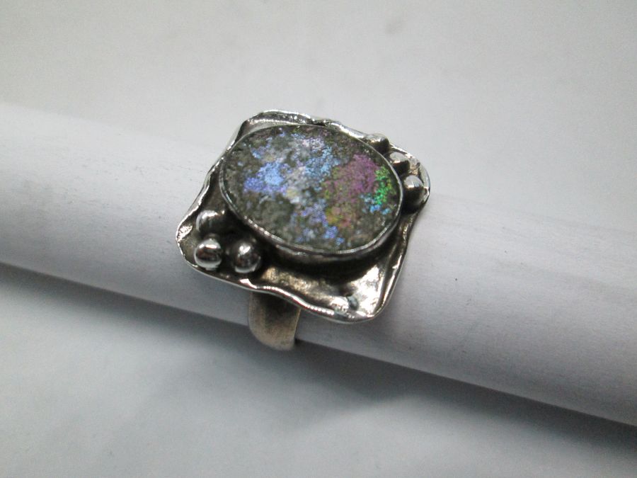Handmade abstract style sterling silver ring abstract Roman glass set with a genuine antique Roman glass found in the holyland Israel.