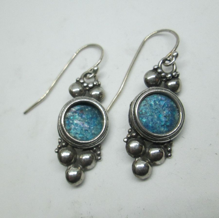 Handmade sterling silver contemporary design dangling earrings Roman Glass set with genuine antique Roman glass. Dimension 1.3 cm X 2.8 approximately.