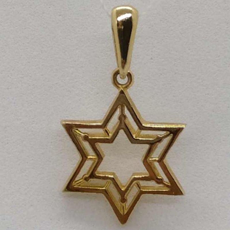 Handmade contemporary 14 carat gold two Magen David stars designed in one single pendant 1.5 cm X 1.7 cm X 0.2 cm approximately.