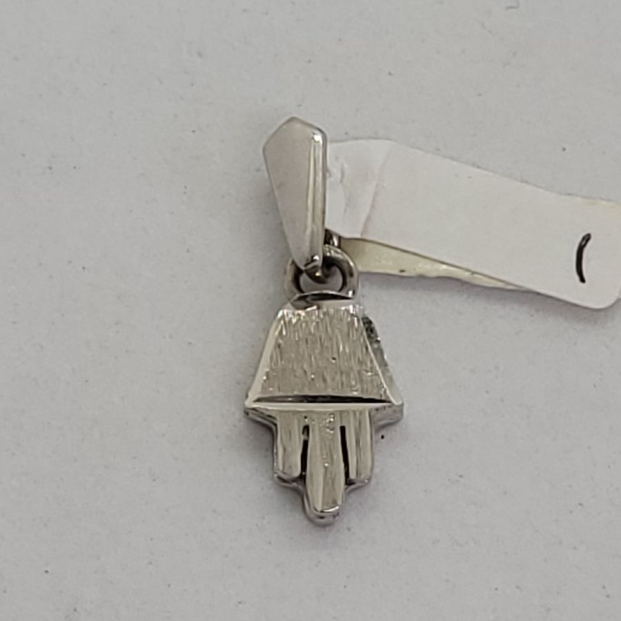 Handmade mini Hamsa heavy white solid 14 gold with Florentine brush finish. Dimension 0.75 cm X 1.1 cm X 0.2 approximately.