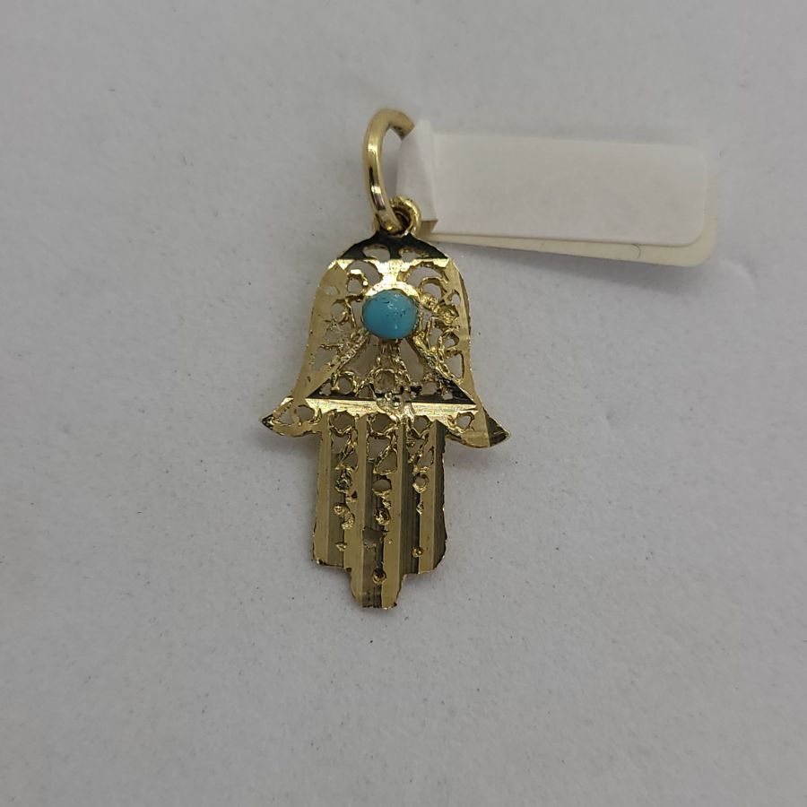 14 Carat Gold Hamsa Chamsa Pendant Filigree Turquoise. Handmade 14 carat gold Hamsa pendant Yemenite filigree set with Turquoise stone.