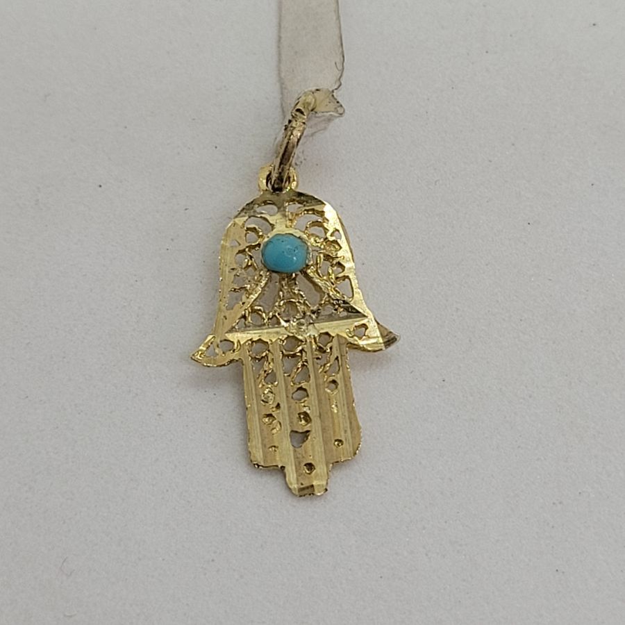 14 Carat Gold Hamsa Chamsa Pendant Filigree Turquoise. Handmade 14 carat gold Hamsa pendant Yemenite filigree set with Turquoise stone.