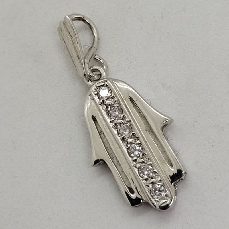 Handmade medium size 14 carat white gold Hamsa pendant 6 Zirconia set with 6 White Zirconia stones. Dimension 1.2 cm X 1.9 cm X 0.27.