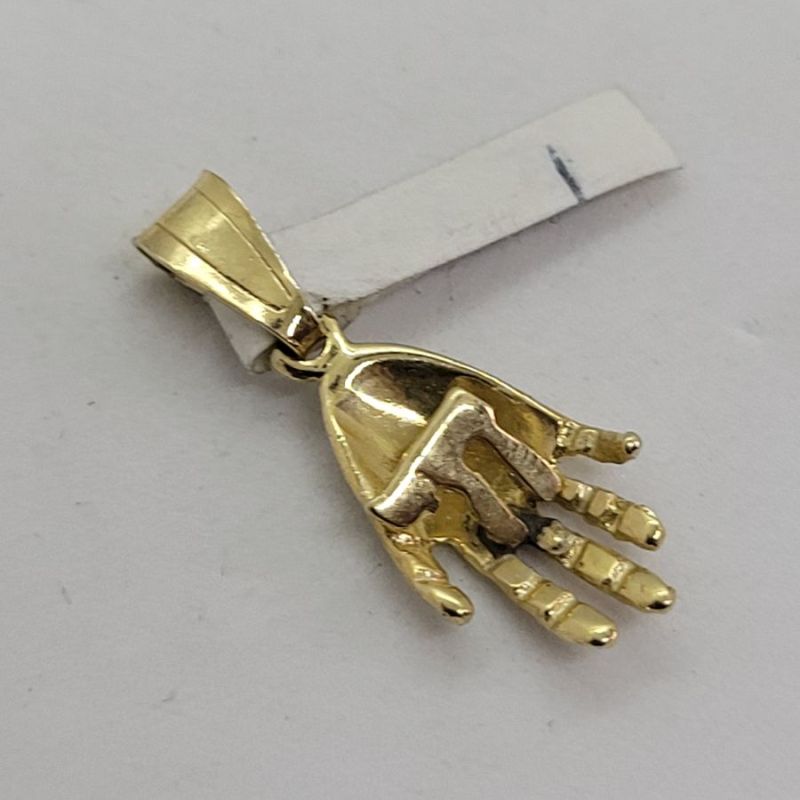 Handmade 14 carat Gold Hamsa Chai Pendant, a real shape hand holding a Hay. Dimension 1 cm X 1.7 cm X 0.35 approximately.