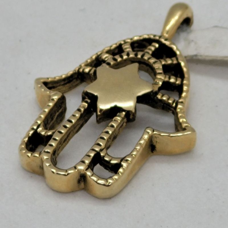 Handmade 14 carat gold Hamsa pendant MagenDavid with star of David in center heavy gold pendant. Dimension 1.8 cm X 2.2 cm X 0.42.