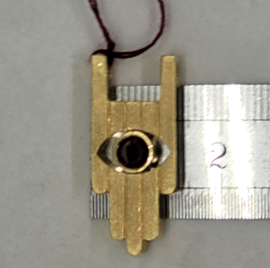 Handmade 14 carat gold Contemporary Hamsa Huge Pendant designed Hamsa set with a faceted Garnet as an eye shape 1.3 cm X 3 cm X 0.46.
