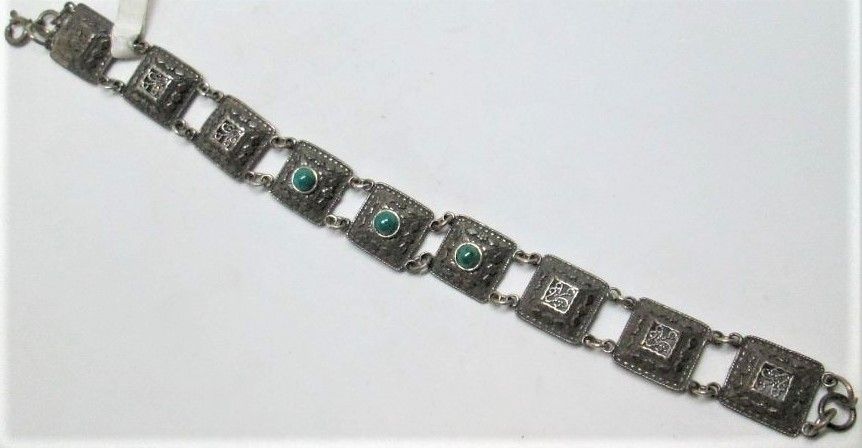 Sterling silver bracelet Yemenite Filigree Elat stones square shape and polished. Dimension 1.25 cm X 18 cm approximately.