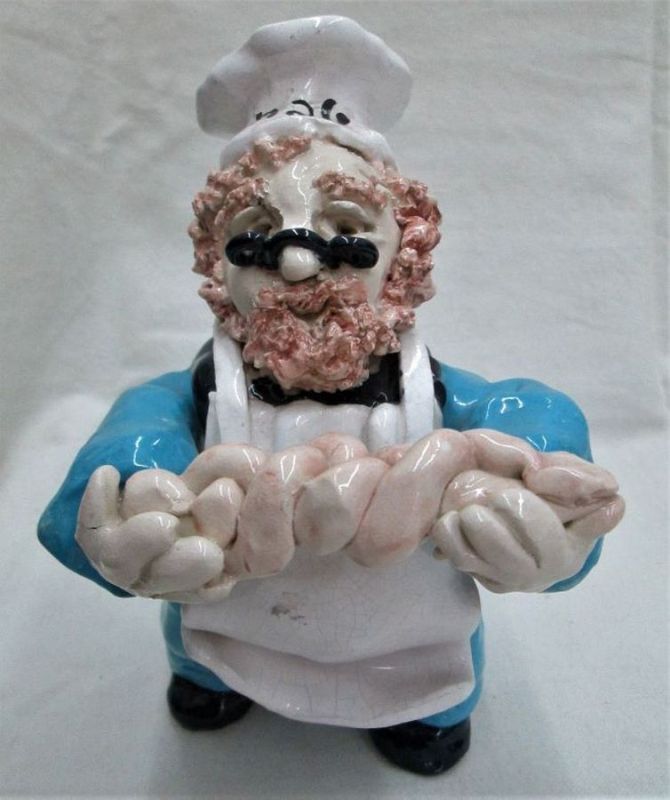 Ceramic Sculpture Baker Rabbi Handmade. Jacqui Braham Lavon made this glazed ceramic sculpture of a shabby Jewish cook baking a Hala.