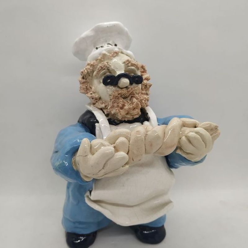 Ceramic Sculpture Baker Rabbi Handmade. Jacqui Braham Lavon made this glazed ceramic sculpture of a shabby Jewish cook baking a Hala.