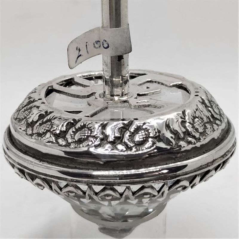 Hanukah Dreidel Sevivon Silver Crystal handmade sterling silver set with faceted crystal gem. Dreidel designed with hammered flower.