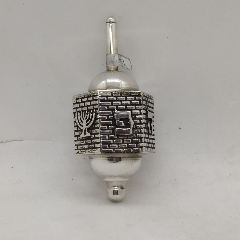 Handmade sterling silver Dreidel Silver Hexagon Kotel contemporary design with Jerusalem walls. Dimension 3.5 cm X 3.1 X 7.8 cm.