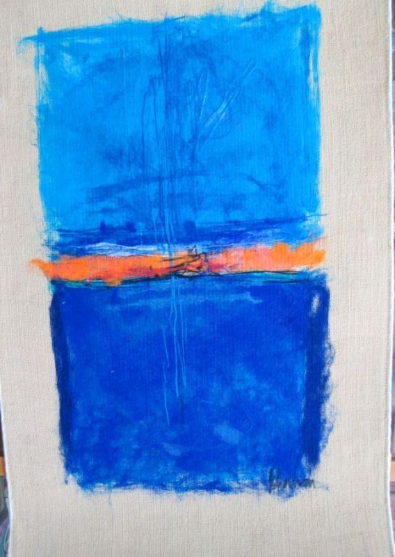 Abstract soft art blue painting design of two blue shades separated by orange. Dimension 65 cm X 103 cm approximately.
