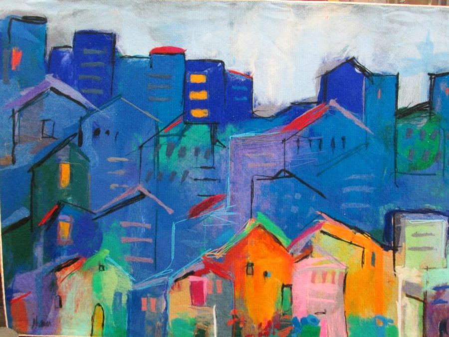 A modern abstract design of Jerusalem houses Soft Art where colors are inserted into fabric to form the painting 107 cm X 174 cm.