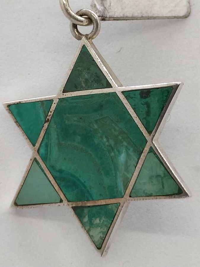 Handmade sterling silver traditional shape star of Magen David star Elat stone set with big Elat stones triangles 2.6 cm X 3.8 cm.