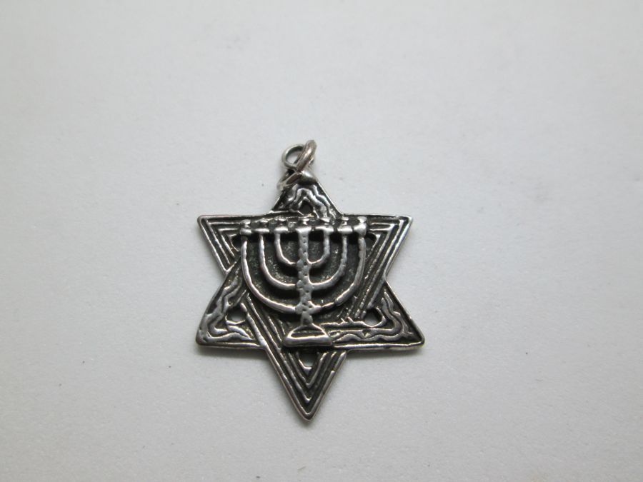 Silver Menora Magen David Pendant Shaday. Handmade sterling silver star of David one side with 7 branch Menorah and other side Shadai.