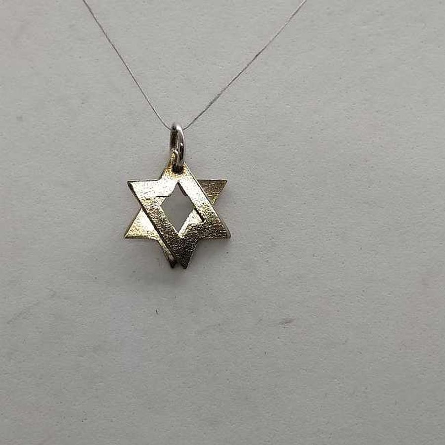 Handmade sterling silver David Star Mini Mobile 2 parts small size. Once hung on chain ,it shapes Star of David. Dimension 1.8 cm X 1.25 cm.