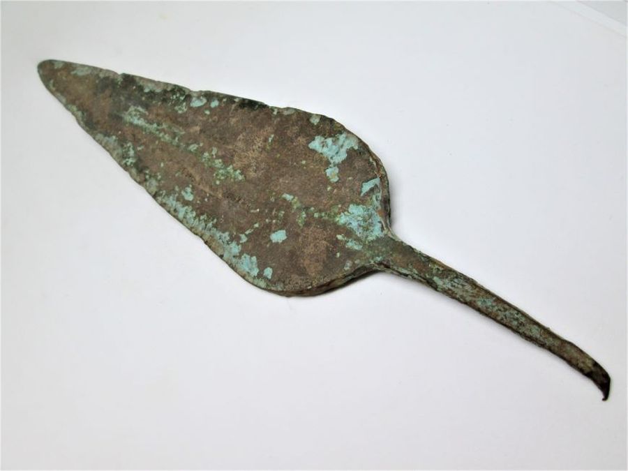 Genuine antique bronze spear head aged 200 BC. From private collection in fine condition. Dimension 12.6 cm X 5.7 cm approximately.