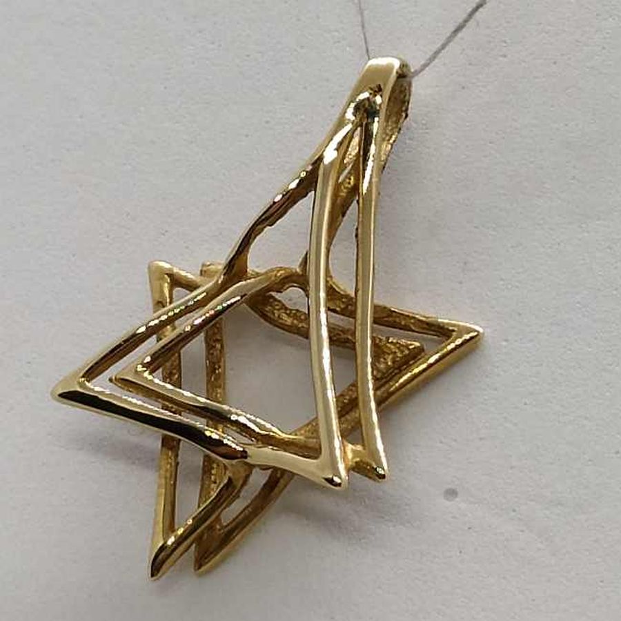 Handmade 14 carat gold Magen David star abstract pendant 2 abstract stars smooth contemporary design original 2 cm X 2.9 cm X 0.4 cm.