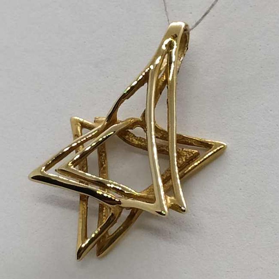 Handmade 14 carat gold Magen David star abstract pendant 2 abstract stars smooth contemporary design original 2 cm X 2.9 cm X 0.4 cm.